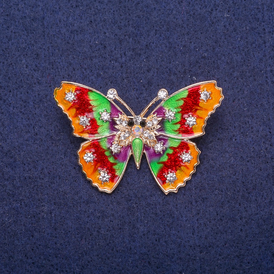 Broszka Motyl czerwono-zielona emalia 4×3 cm złoty metal