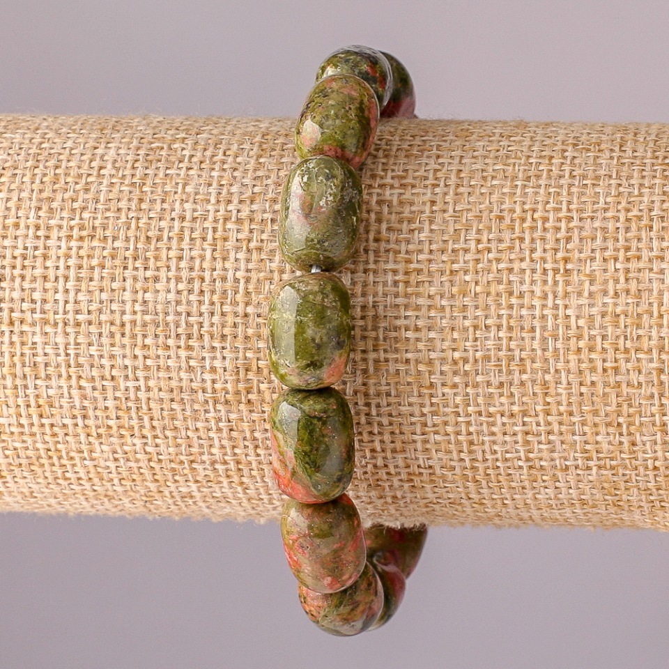 Bransoletka z jaspisu heliotropowego – naturalny kamień, koraliki w kształcie walców, 10×14 mm, obwód 18 cm