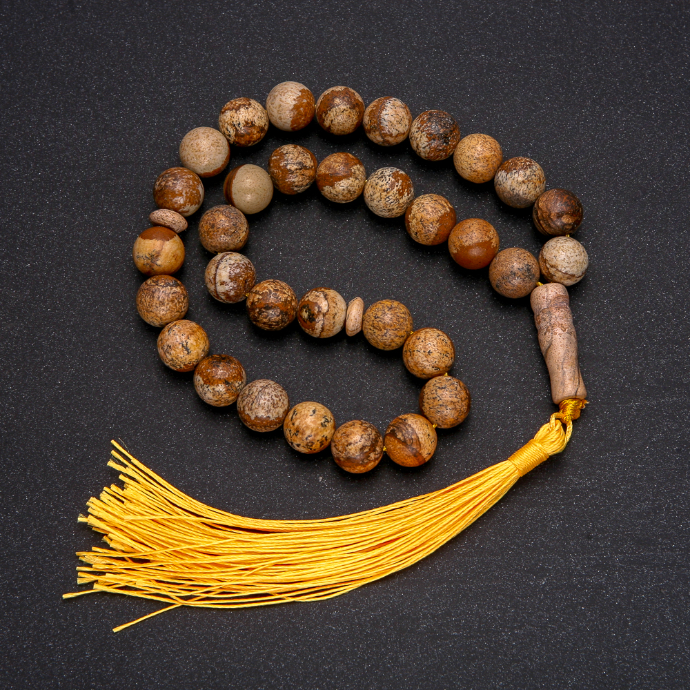 Korale modlitewne z naturalnego kamienia – pejzażowy jaspis, 33 koraliki, gładkie kuleczki, średnica około 10 mm, wstawka z pejzażowego jaspisu