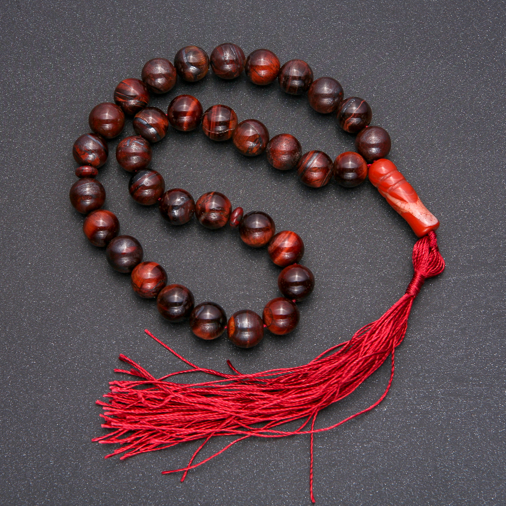 Mala z naturalnego kamienia Oko byka, 33 koraliki, gładka kuleczka, średnica 10 mm+