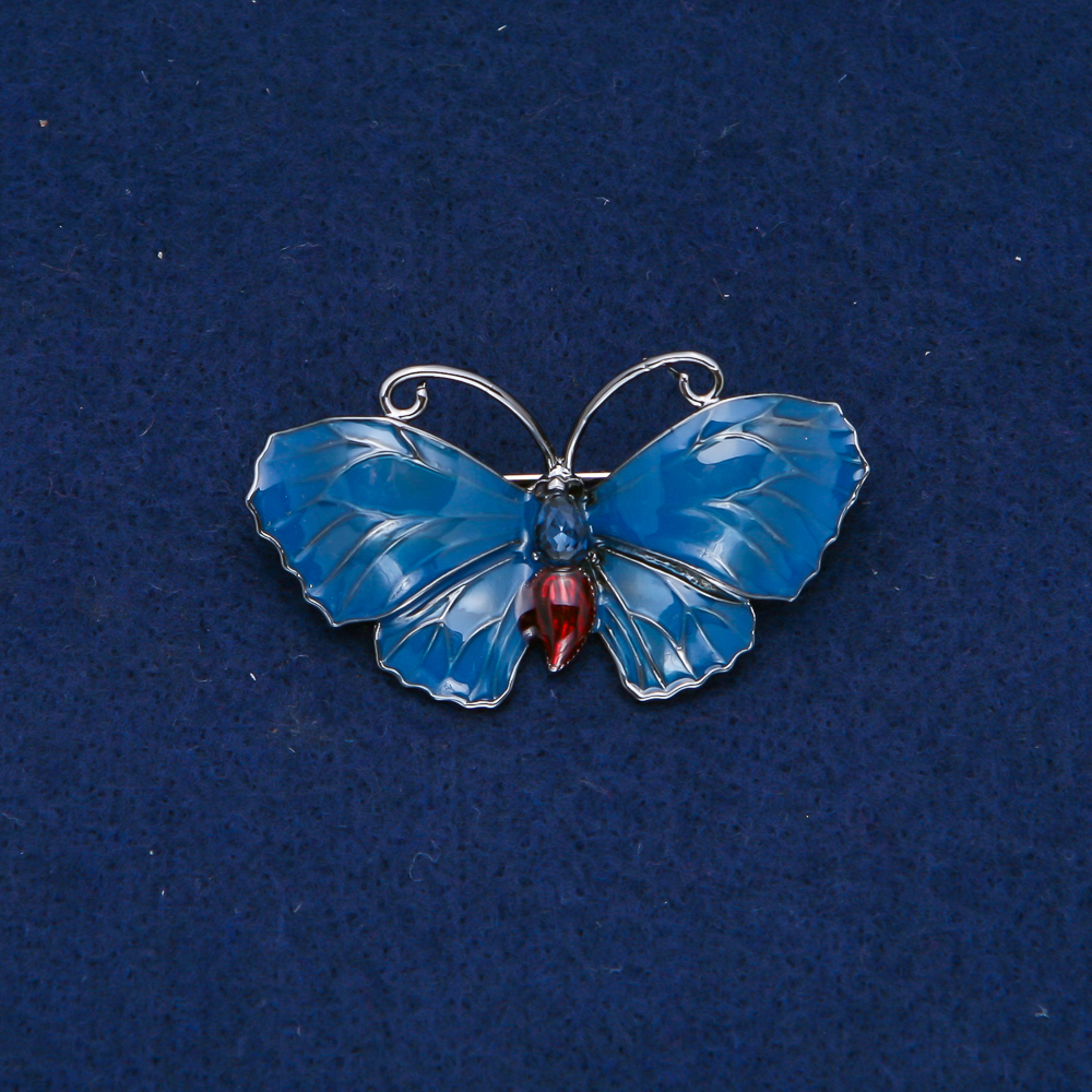 Broszka motyl srebrny metal, emalia, niebieska cyrkonia, 48×27 mm +