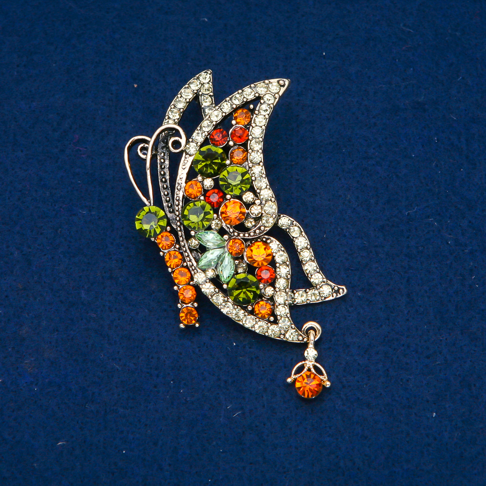 Broszka Motyl z metalem w kolorze złotym, zielone i żółte kryształy 38×60 mm +