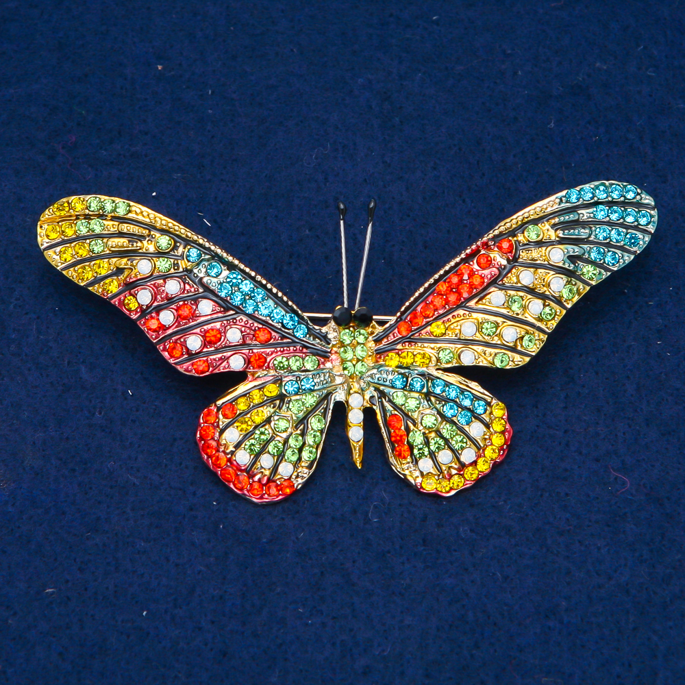 Broszka Motyl złocisty metal, kolorowe kryształy 43×82 mm +