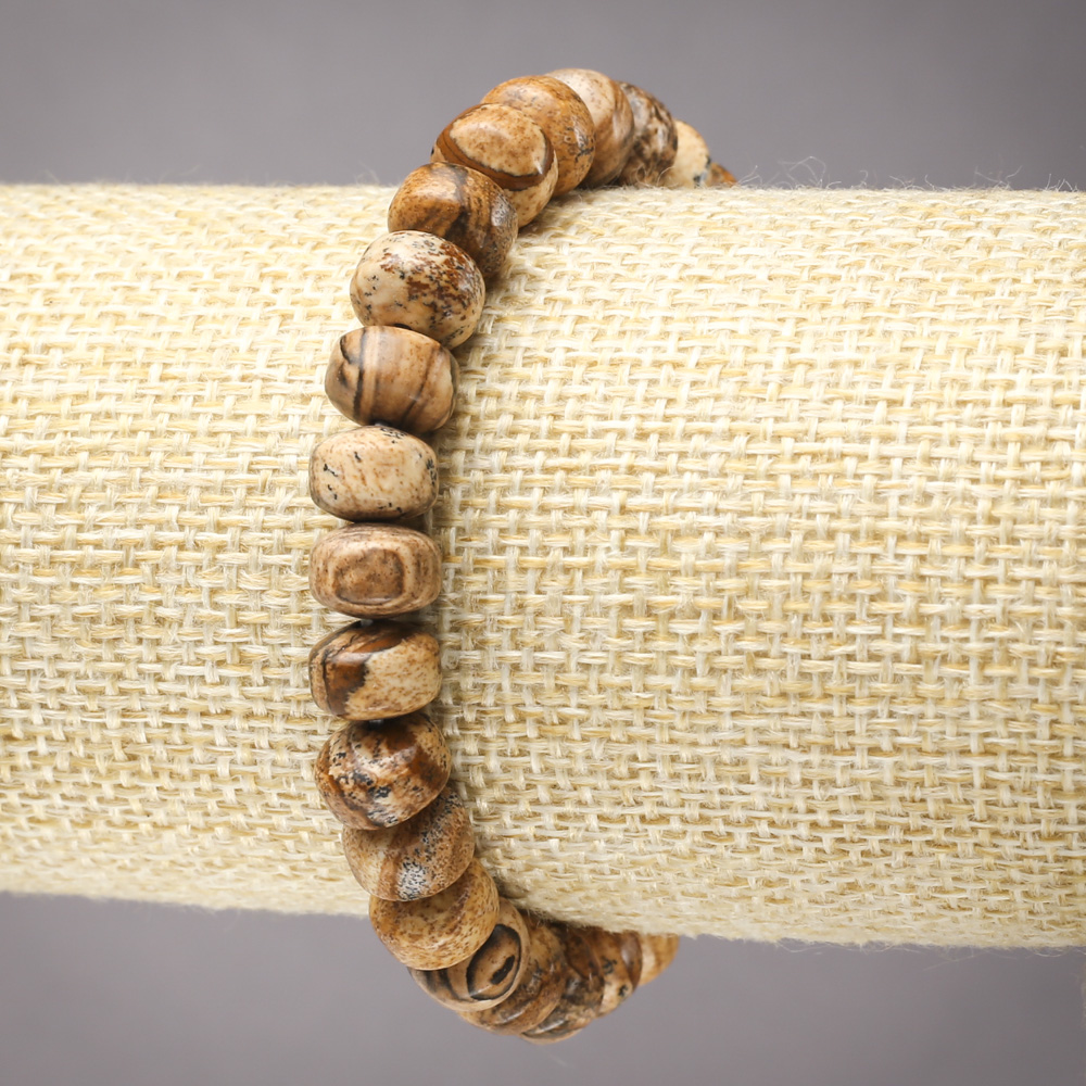 Bransoletka na gumce z naturalnego kamienia – jaspis pejzażowy, gładki rondel, średnica 9×7 mm+