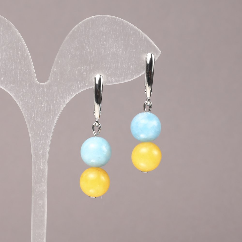 Kolczyki z naturalnych kamieni akwamaryn i cytryn, średnica 10 mm, długość 40 mm