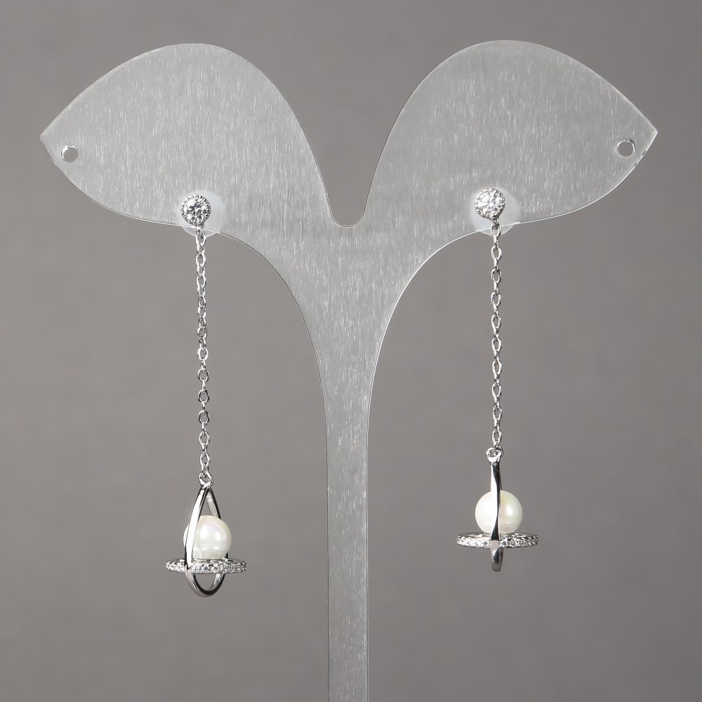 Kolczyki Xuping rhodiowane z białymi kryształami i koralikami 15×11 mm + -, długość 50 mm + -, grubość 1,1 mm +