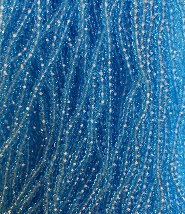 Koraliki czeskiego kryształu na nitkę, niebieskie, przejrzyste, fasetowane rondelki, średnica 3,5×3 mm, długość 33 cm