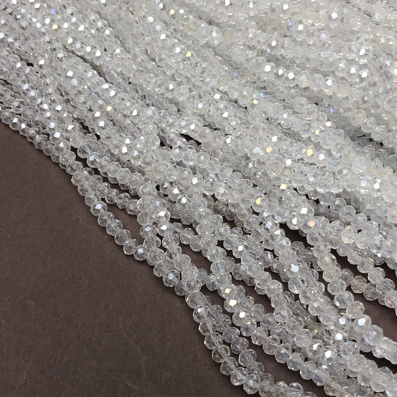Koraliki z czeskiego kryształu na żyłce, białe przejrzyste z benzynowym połyskiem, fasetowany rondel, średnica 3,5×3 mm, długość 36–38 cm +