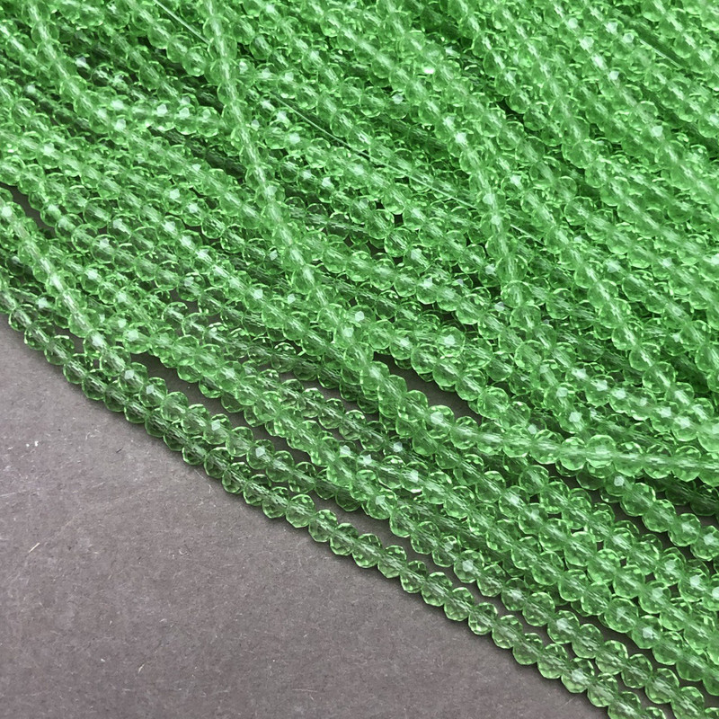 Koraliki z czeskiego kryształu na żyłce, zielono-przezroczyste koraliki w kształcie rondelków, średnica 3,5×3 mm, długość 36–38 cm