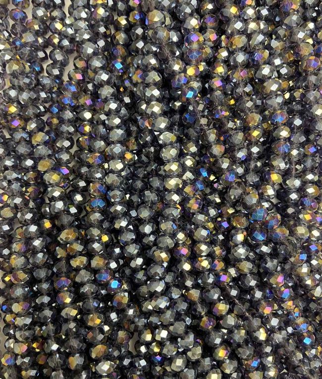 Koraliki czeskiego kryształu na nici, szare z benzynową powłoką, fasetowane rondelki, średnica 6×4,5 mm, długość 38-40 cm + -