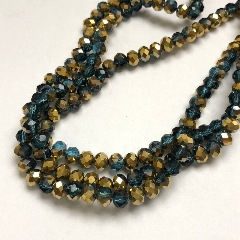 Koraliki z czeskiego kryształu na nitce, asortyment, zielono-przezroczyste z powłoką iryzacyjną, fasetowany rondel, średnica 6×4,5 mm, długość 38–40 cm