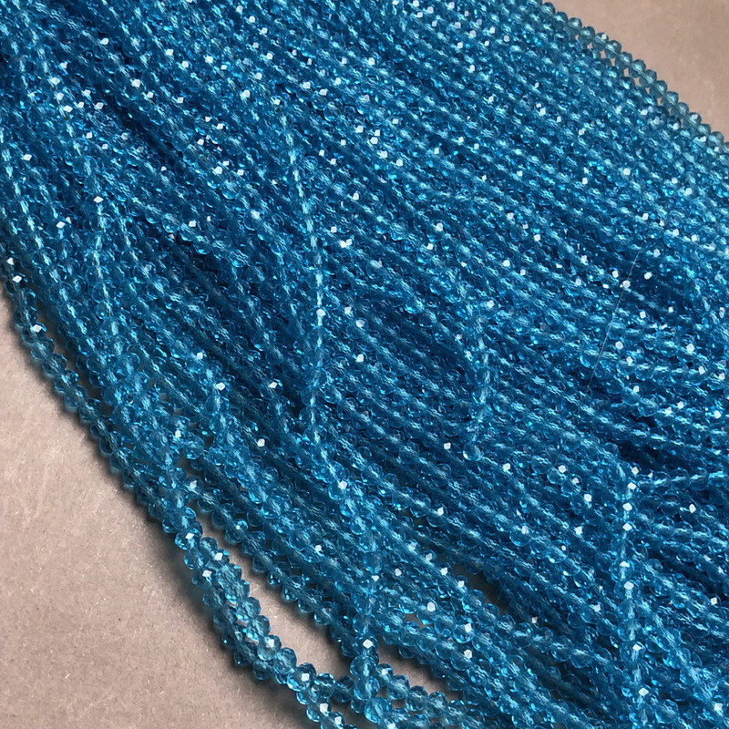 Koraliki z czeskiego kryształu na żyłce, niebiesko-zielone, przejrzyste, fasetowane rondelki, średnica 3,5×3 mm, długość 36–38 cm