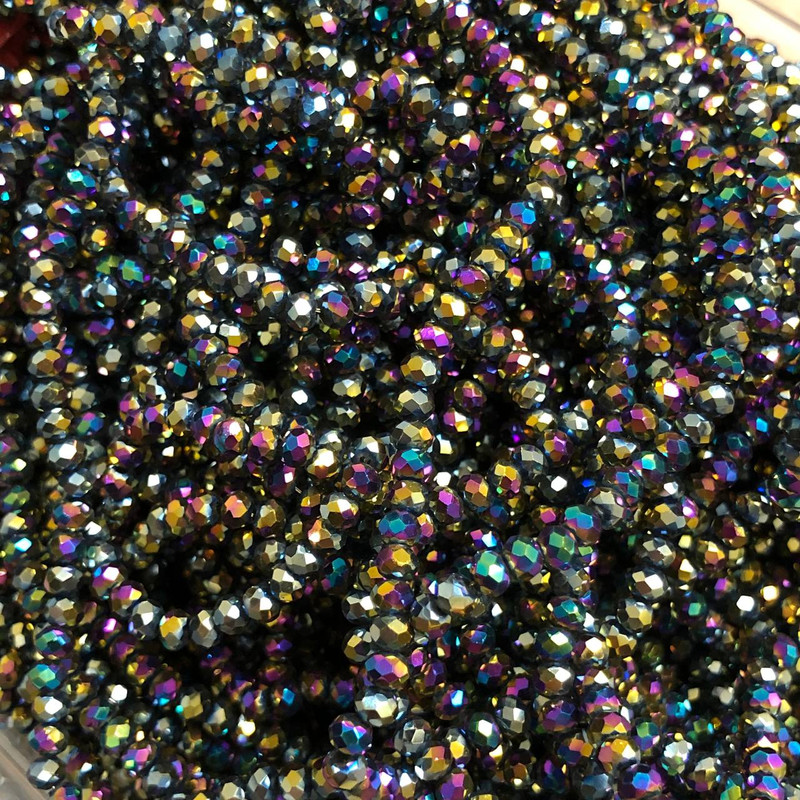 Czarne koraliki z czeskiego kryształu na żyłce, fasetowany rondel z efektem benzyny, średnica 3,5×3 mm, długość 33 cm +