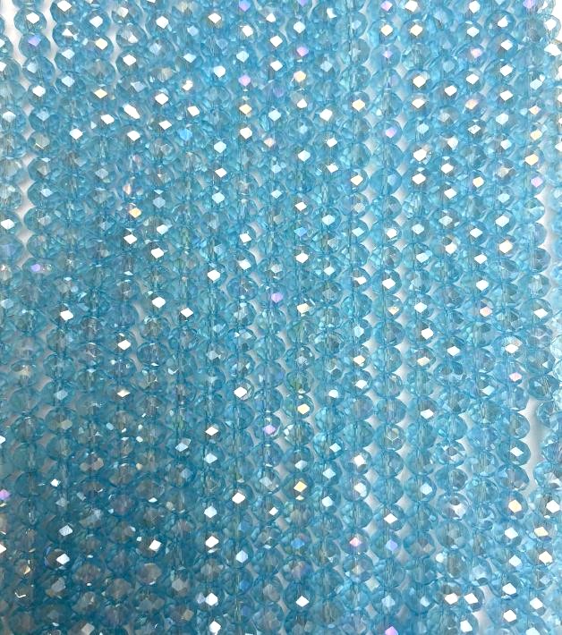 Koraliki z czeskiego kryształu na żyłce, błękitne przejrzyste z powłoką benzynową, fasetowane w kształcie rondeli, średnica 6×5 mm, długość 40–42 cm