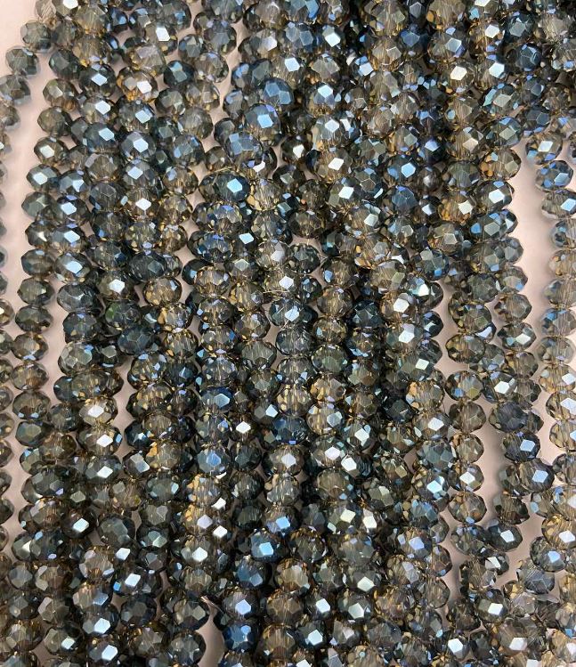 Koraliki czeskiego kryształu szare z powłoką, fasetowane w kształcie rondelków, średnica 6×5 mm, długość 40–42 cm +