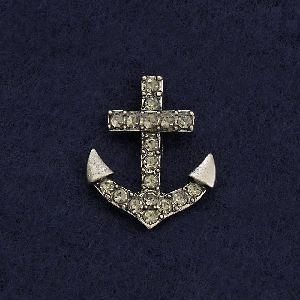 Broszka na zatrzasku «Kotwica» 2 cm, szary metal, z cyrkoniami