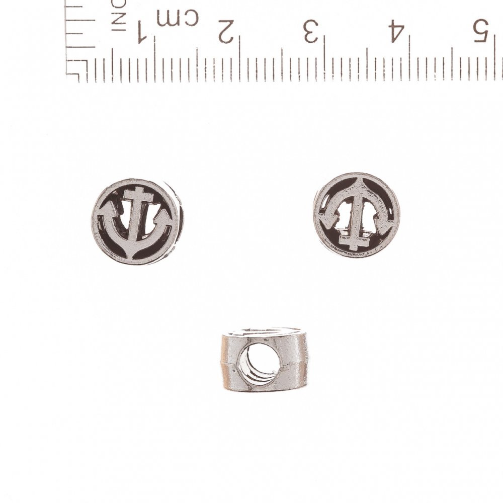 Koralik Pandora „Kotwica w kole” o średnicy 10 mm, otwór 5 mm, opakowanie 20 g, +/- 9 szt.