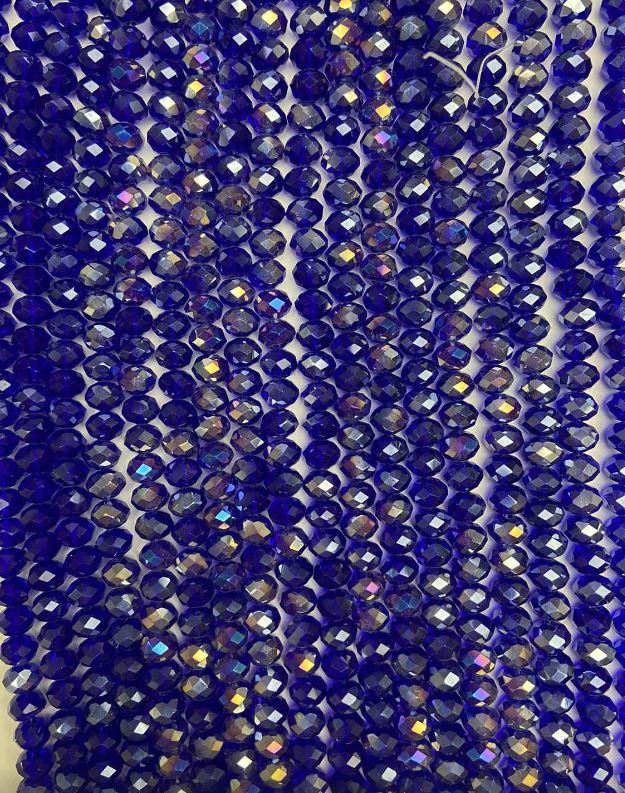 Koraliki czeskiego kryształu na żyłce, kolor niebieski z odcieniem 'benzynowym', fasetowany rondel, średnica 8×6 mm, długość około 40–42 cm