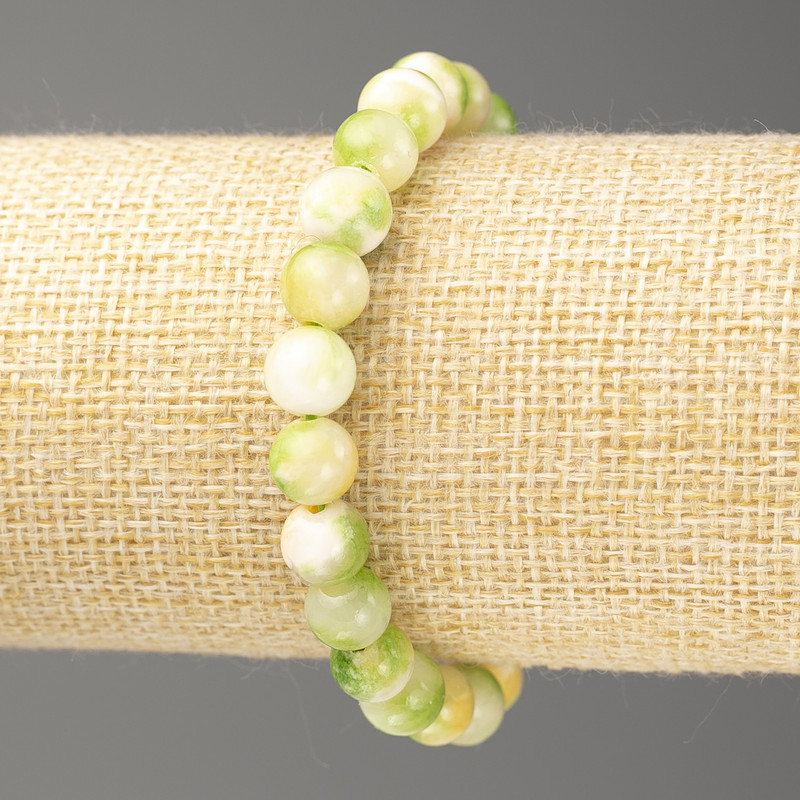 Bransoletka w kolorach zielono-żółto-białych, oceaniczny nefryt (sztuczny akryl), średnica kulek 8 mm +-, długość 18 cm +-, gładka kulka na gumce