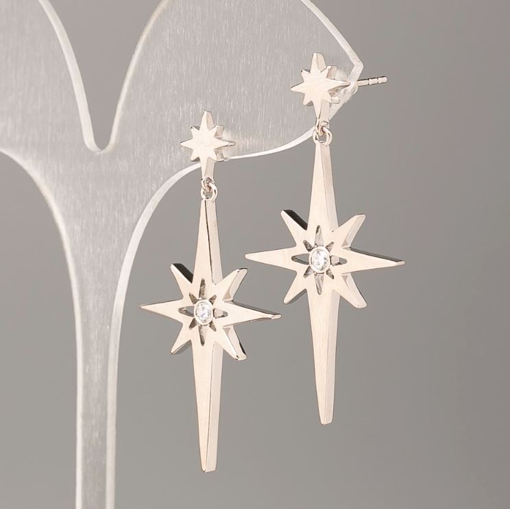 Kolczyki Xuping w kształcie gwiazdek z białymi kamieniami, średnica 22 mm, długość 4,5 cm, rodowane