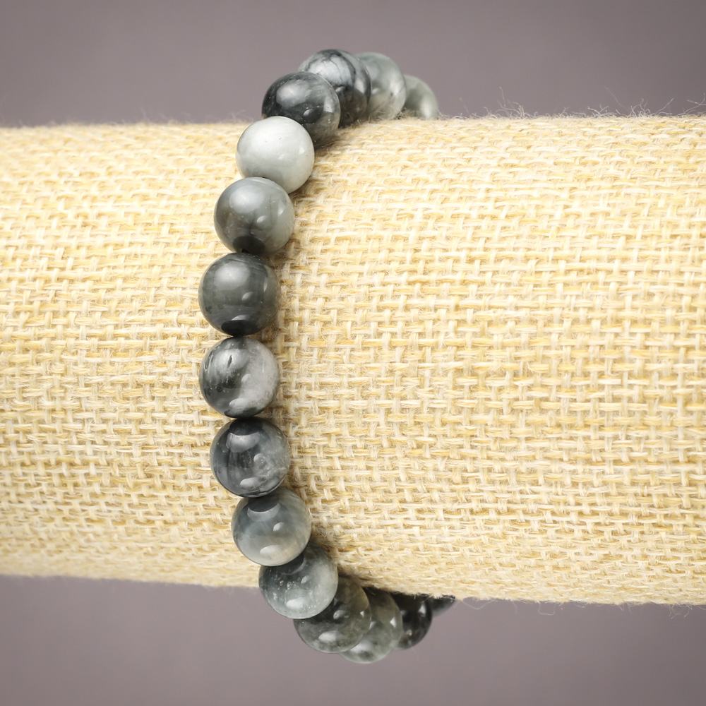 Bransoletka na gumce z naturalnego kamienia – sokole oko, gładkie kulki, średnica ok. 8 mm