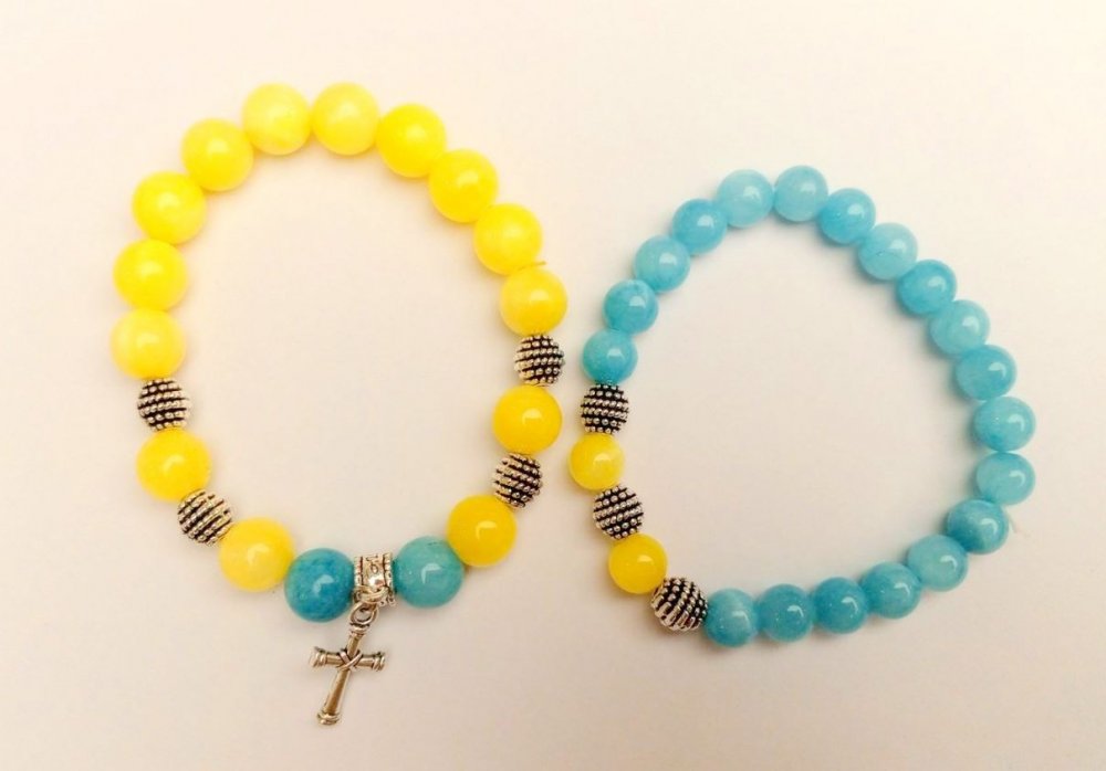 Bransoletka „Ukraina” para akwamaryn i cytryn (sztuczny akryl) gładkie kule ze srebrzystymi wstawkami na gumce, długość 18 cm+